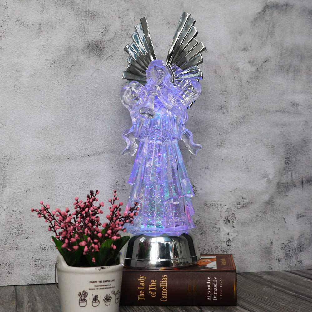 Eldnacele 14" Christmas Snow Globe Water Glittering Angel Figurine, Battery Operated Color Changing Angel Statue Light for Tabletop Deocration, Angel with Trumpet from Daughter