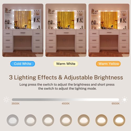 FIONESO Vanity Desk with LED Light Mirror & Power Outlet, 3 Adjustable Light Color, Makeup Vanity with 7 Drawers, 4 Shelves, 5 Jewel Hooks, White Vanity for Bedroom, Girls Vanity