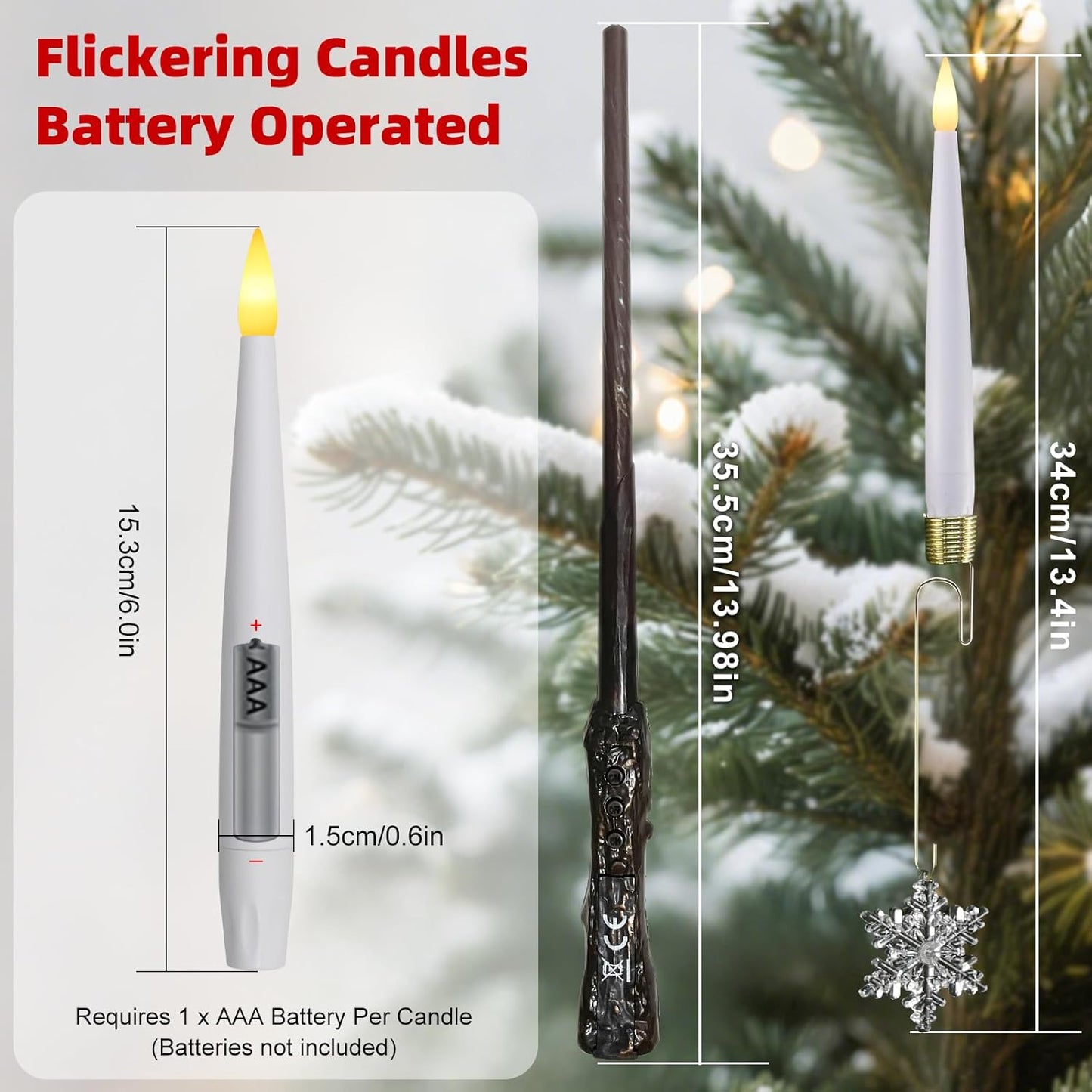 Flameless Christmas Tree Candles - 12 Pack LED Flickering Battery Operated Decor with Magic Wand & Snowflake Design