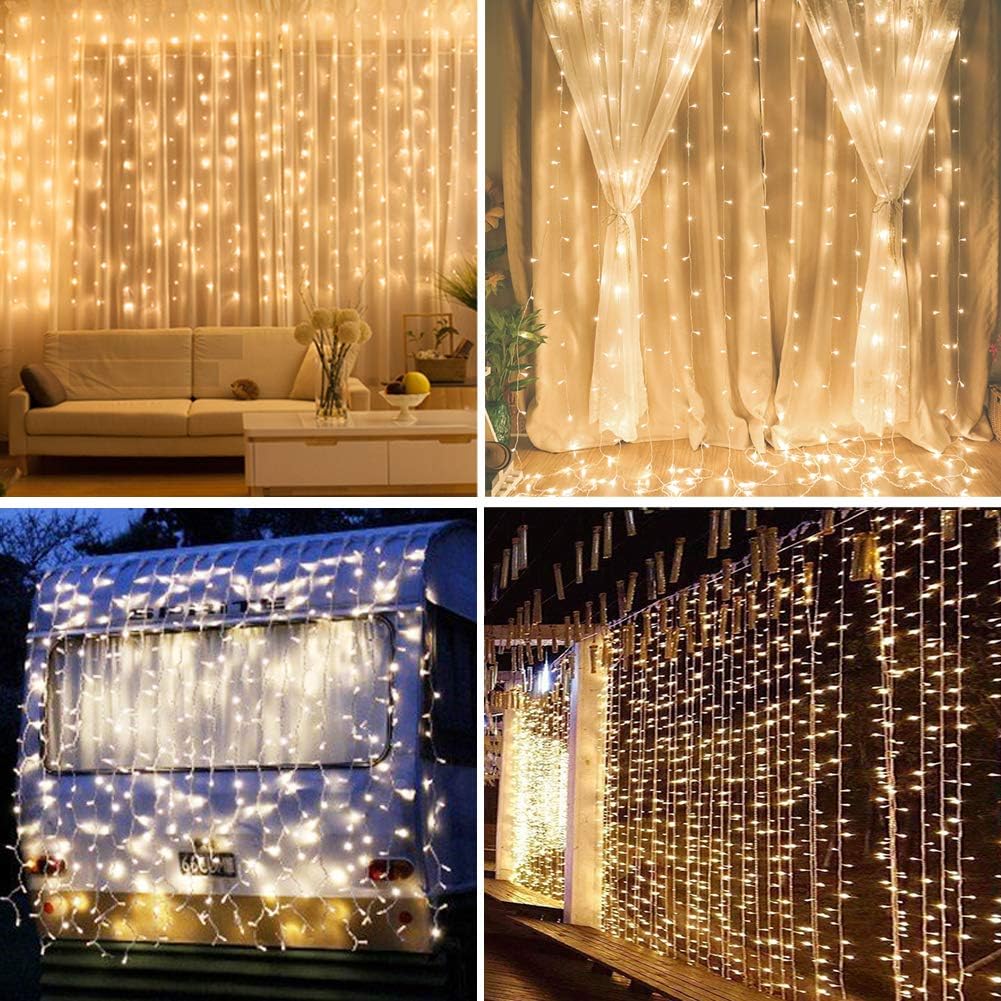 300 LED Twinkle Star Curtain String Lights - Warm White for Wedding, Home & Garden Decor
