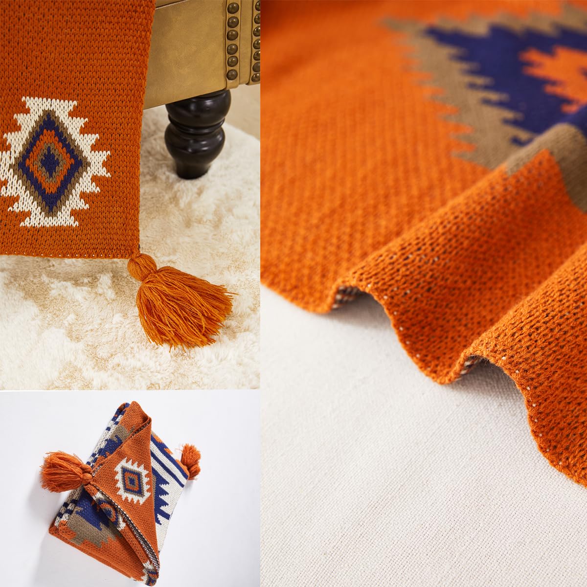 Chair Throw Blankets, Acrylic Knitted Southwest Tribal Bed Throws Couch Sofa Blanket, Native American Southwestern Soft Warm Throw Navaho Living Room Bedroom (Rusted Brown Navy White, 60”x80”)