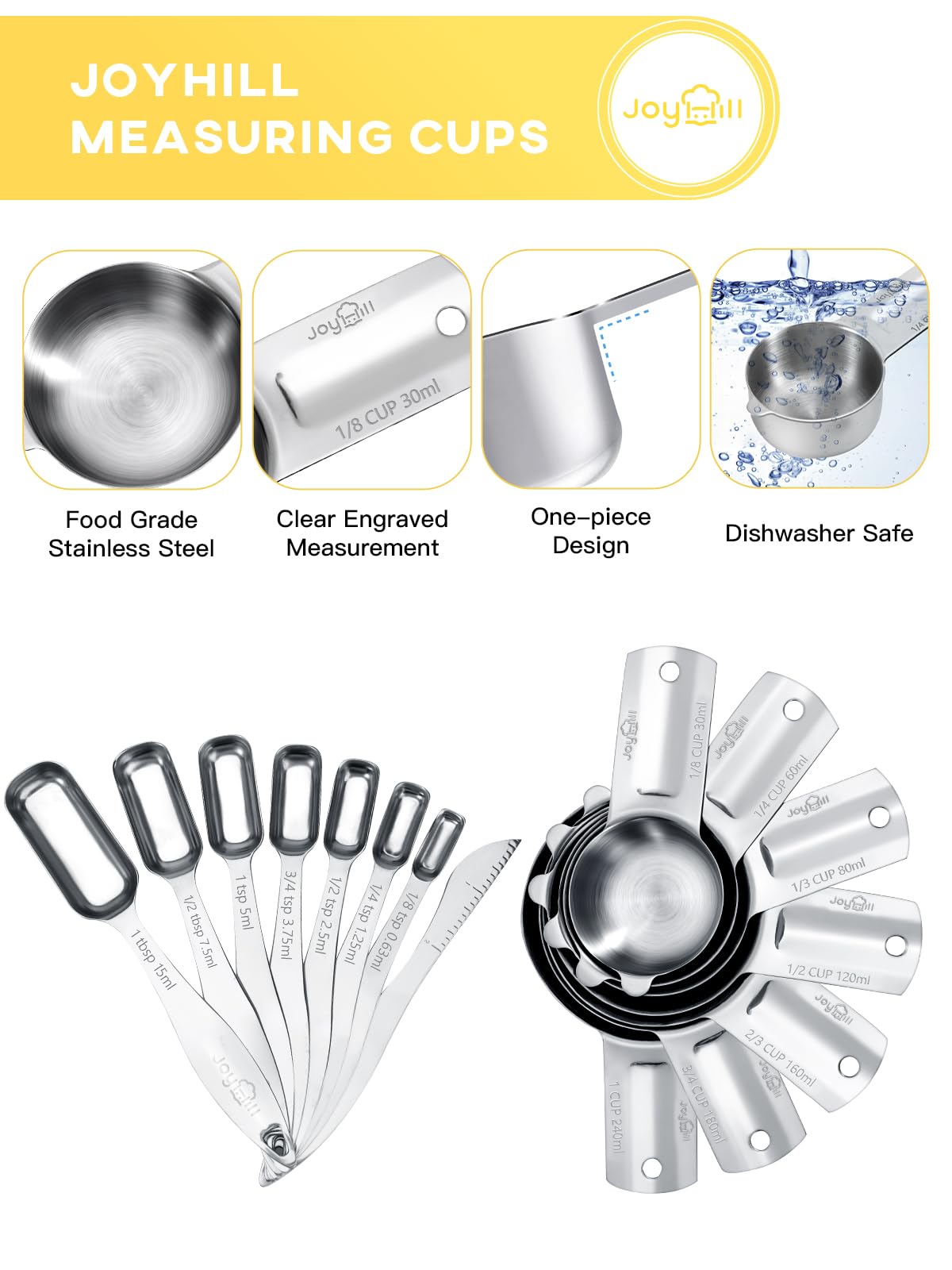 Joyhill Measuring Cups and Spoons Set of 15 Piece, Metal Stainless Steel Measuring Cups and Spoons Set for Baking Cooking, Dry and Liquid Ingredients