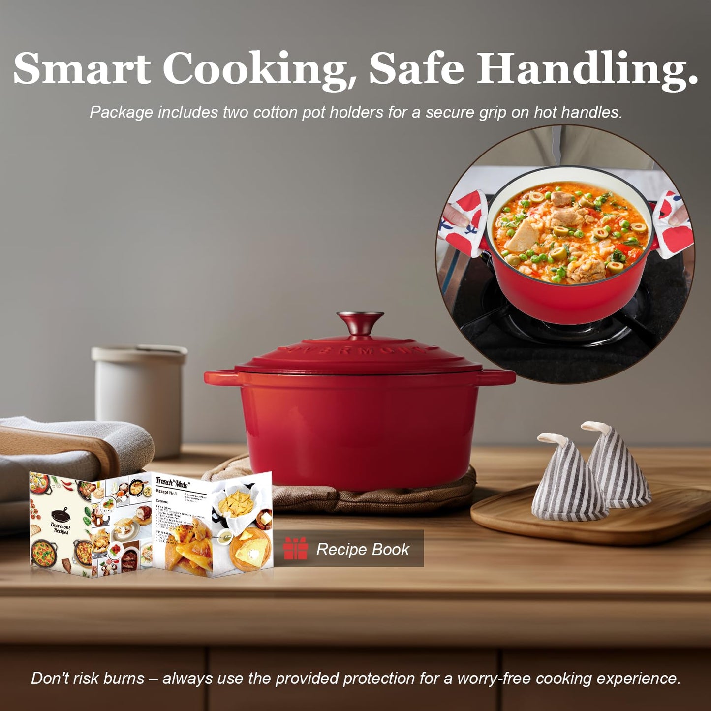 Overmont Enameled Cast Iron Dutch Oven - 7QT Pot with Lid Cookbook & Cotton Potholders - Heavy-Duty Cookware for Braising, Stews, Roasting, Sourdough Baking red