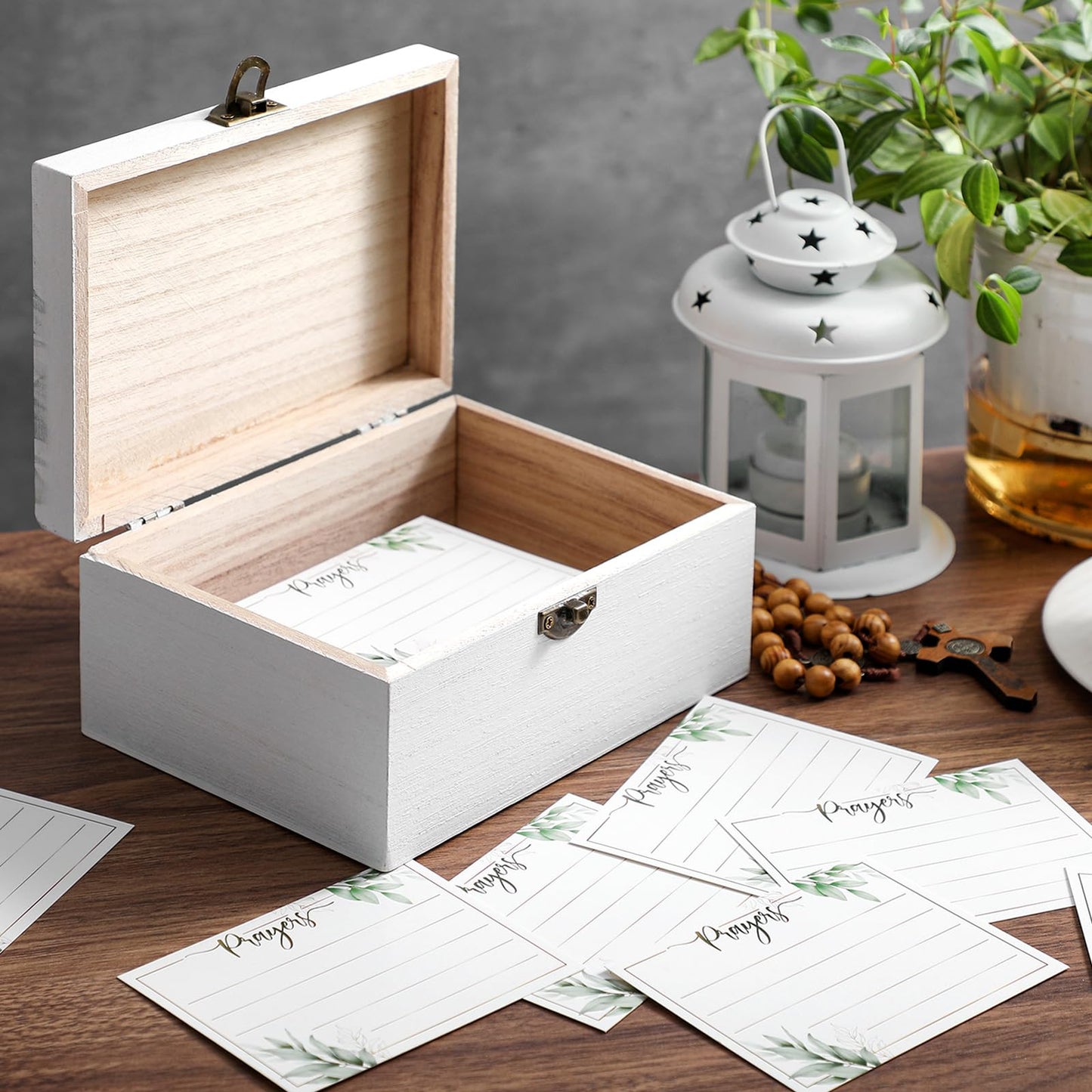 CroBlissful Prayer Box with 100 Pcs Prayer Cards 6.8 x 5 x 3 Inches Wooden Distressed Box Prayer Request Cards for Christian Gifts(Leaves)