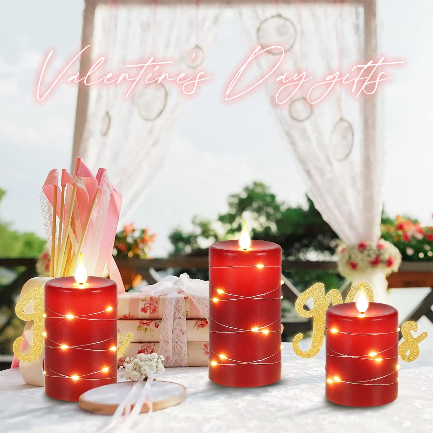Upinmz Red Flameless Candle with Remote Control and Timer,Flickering Battery Operated Candles with String Lights,LED Pillar Candles,Set of 3
