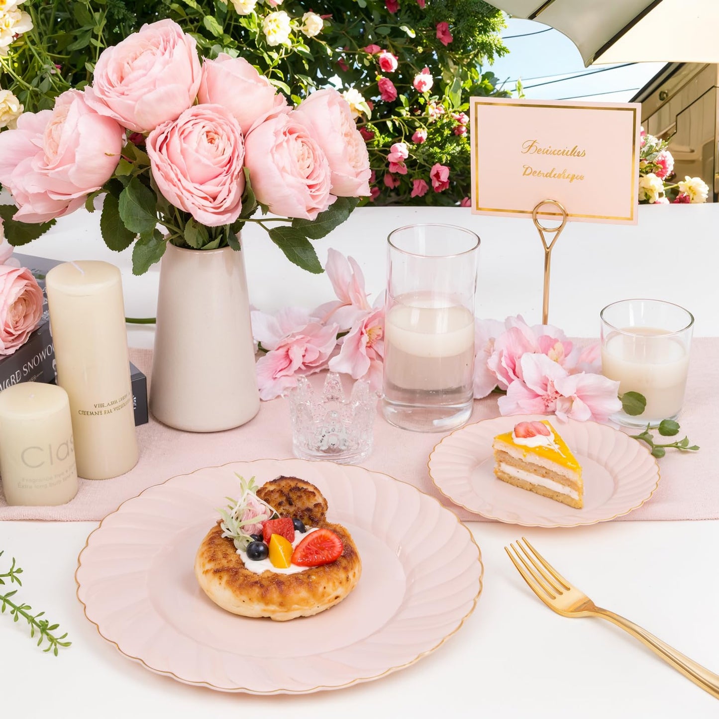 YOUBET 125Pcs Pink Plastic Plates with Gold Rim - Scalloped Plastic Plates Set Includes 25 Dinner, 25 Dessert Plate, 75 Gold Silverware for 25 Guests for Wedding Birthday Baby Shower Mothers Day
