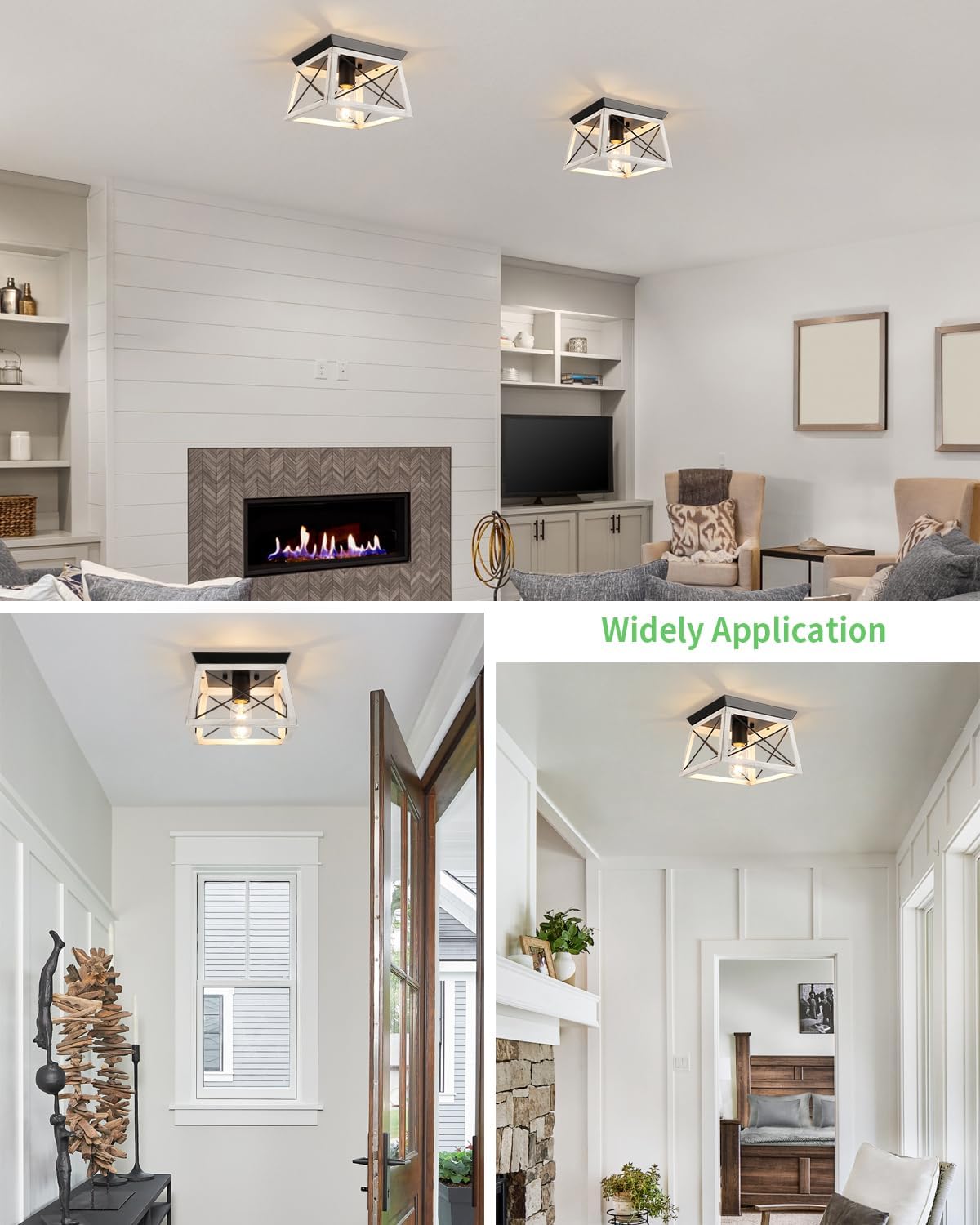Farmhouse Flush Mount Ceiling Light Oak White Ceiling Light Fixtures 2-Light Industrial Vintage Metal-Framed Ceiling Lighting for Hallway Foyer Kitchen Dining Room Bedroom Living Room Laundry