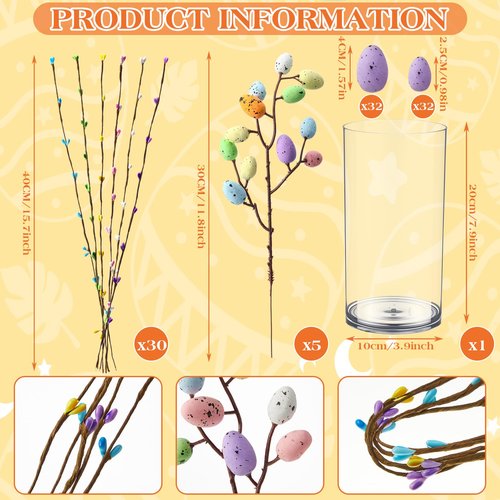 Giegxin 100 Pcs Artificial Easter Spray Vine Eggs with Vase for Easter Decoration, Spring Floral Stems Egg Twig Branches for DIY Spring Displays and Centerpiece Wreath Decoration