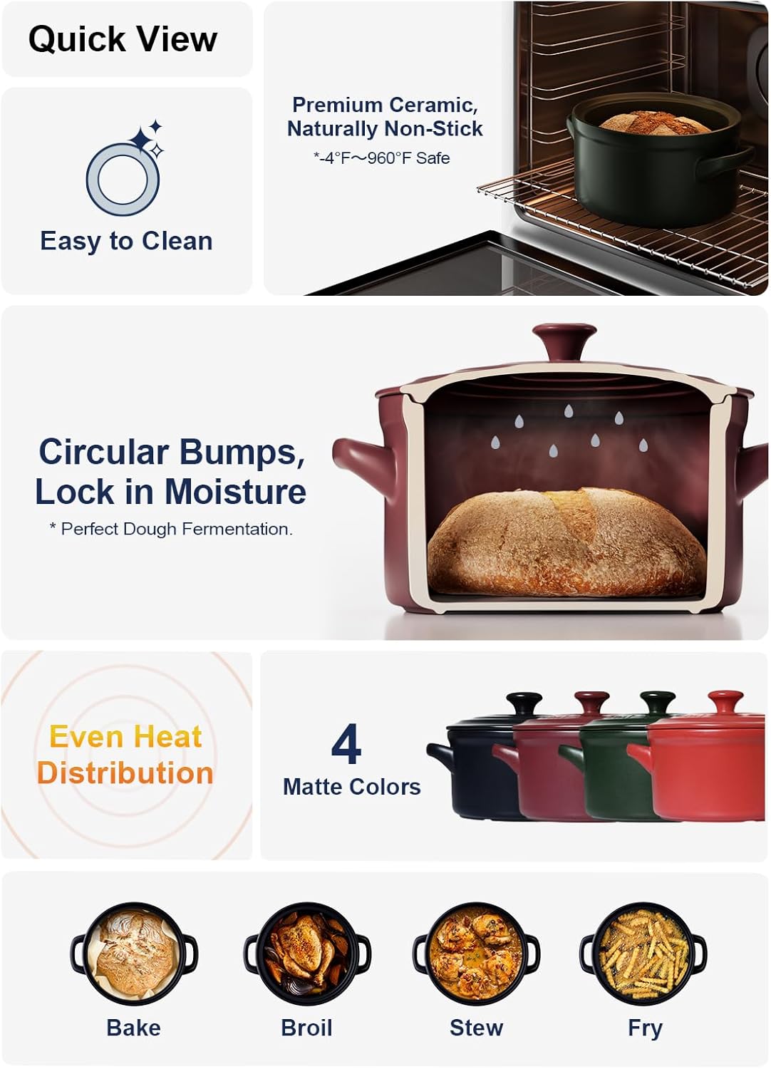 LE TAUCI 3 Quart Ceramic Dutch Oven - Lightweight & Non-Toxic | Oven, Microwave & Dishwasher Safe, Midnight Blue