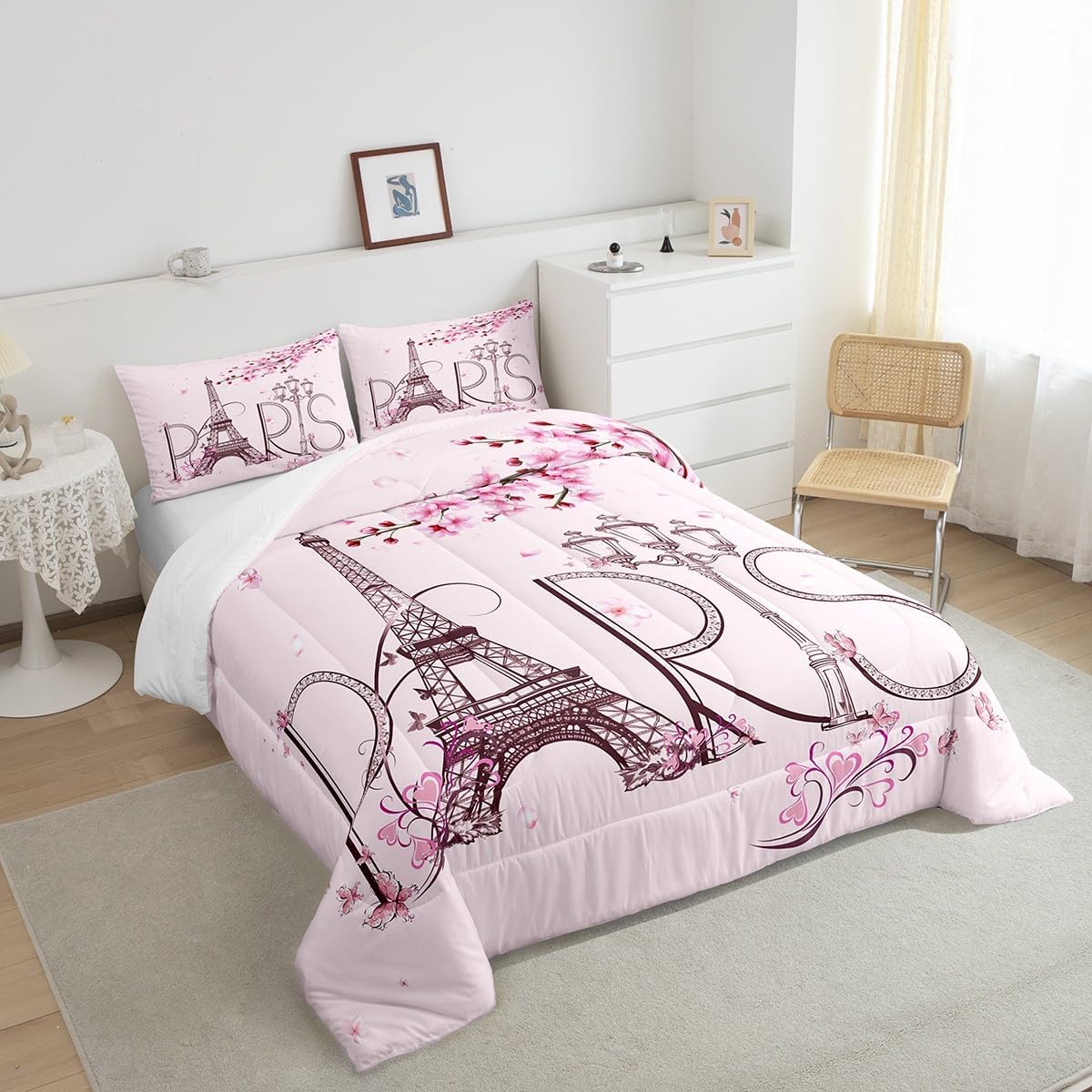 Homewish Dandelion Comforter Set Queen Size,Rustic Natural Bedding Set 3pcs for Kids Teens Girls Boys Room Decor,Butterfly Floral Animal Quilt Set Black and White Duvet Insert with 2 Pillowcases