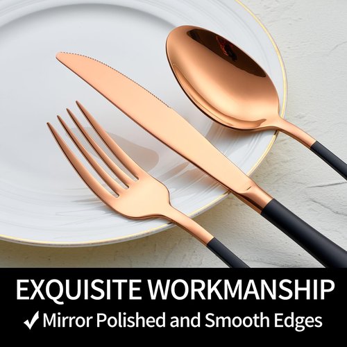 DINYWOW 20-Pieces Rose Gold and Black Silverware Sets for 4,Black Handle Stainless Steel Cutlery Set, Include Forks Spoons and Knives Set, Dishwasher Safe Utensil Sets for Home Restaurant