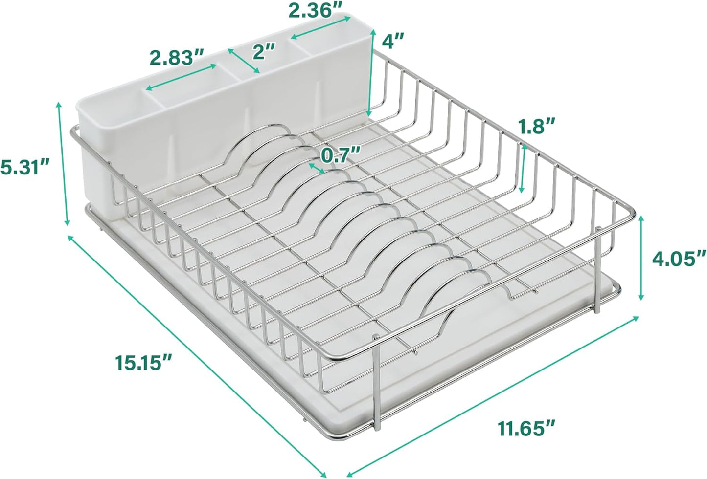 SunnyPoint 304 Stainless Steel Dish Drying Rack - Rust Resistant with Diatomaceous Earth Drainboard & Utensil Caddy | Silvery-Grey
