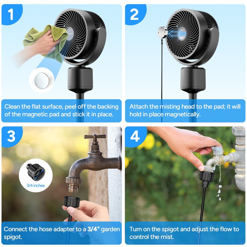 DR.PREPARE Compact Misting Pedestal Fan with Magnetic Mister, Quiet Air Circulator Standing Fan, 16-34" Adj. Height, 70°Auto-Oscillation, 90° Up+10° Down Tilt, 3 Speeds for Small‑Medium Patio Backyard