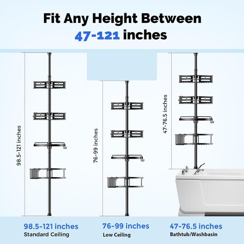 HAMITOR Corner Shower Caddy - 4-Tier Rustproof Bathroom Organizer with Quick Installation | Adjustable 47-121 Inch Black Shelves
