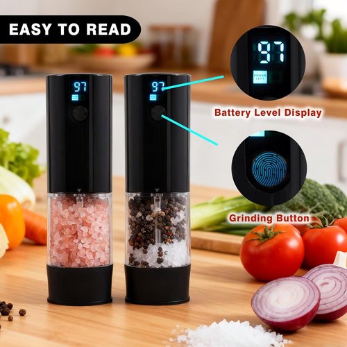 Fresh World Electric Salt and Pepper Grinder Set - Rechargeable, LED Light, Adjustable Coarseness | Black, 2-Pack
