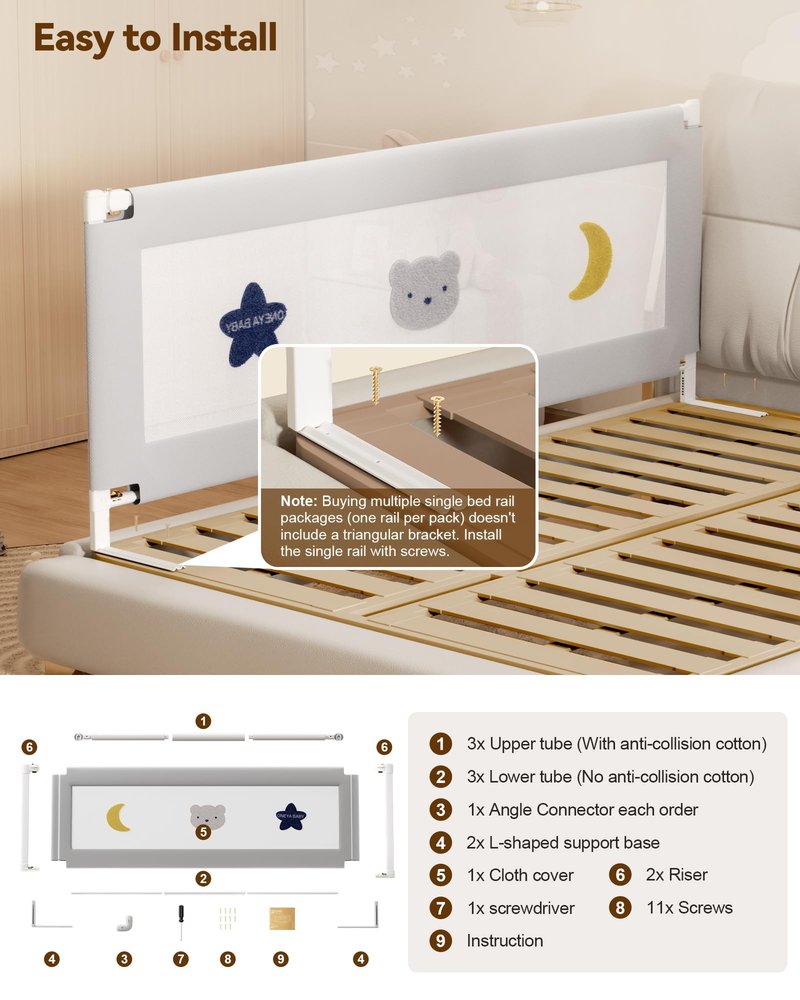 Baby Bed Rail Guard for Toddlers, Reinforced 74.8in Toddler Bed Rails for Twin, Full, King Bed with Height Adjustable, Extral Tall Child Safety Side Railing Guards/Bedrail for Kids, Grey Star, 1 Side