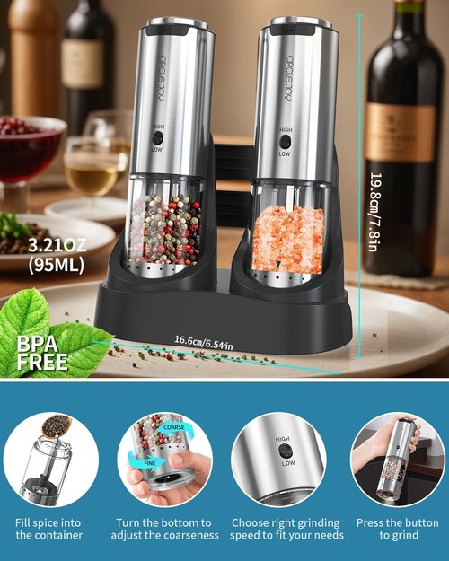 CIRCLE JOY Rechargeable Electric Salt and Pepper Grinder Set - Stainless Steel, Adjustable Coarseness, LED Light