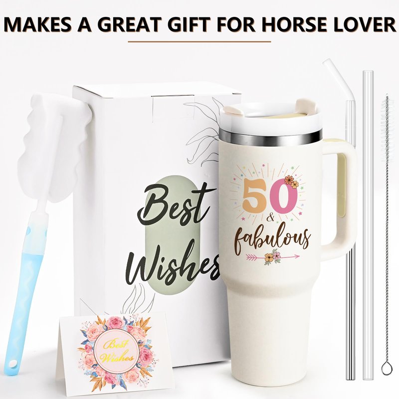 Gtmileo 50th Birthday Gifts for Her Women, 1975 Birthday Gift For Women 40oz Tumbler with Handle, 50 Year Old Birthday Gifts for Women, Cool Gifts for 50th Birthday Woman for Friends Family, Beige