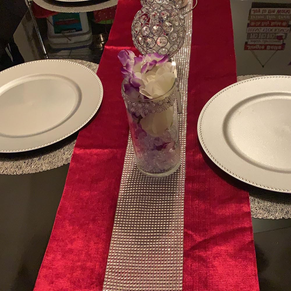 Red 13x72 Inch Table Runner with Diamante Strip & Tassels - Elegant Home Decor