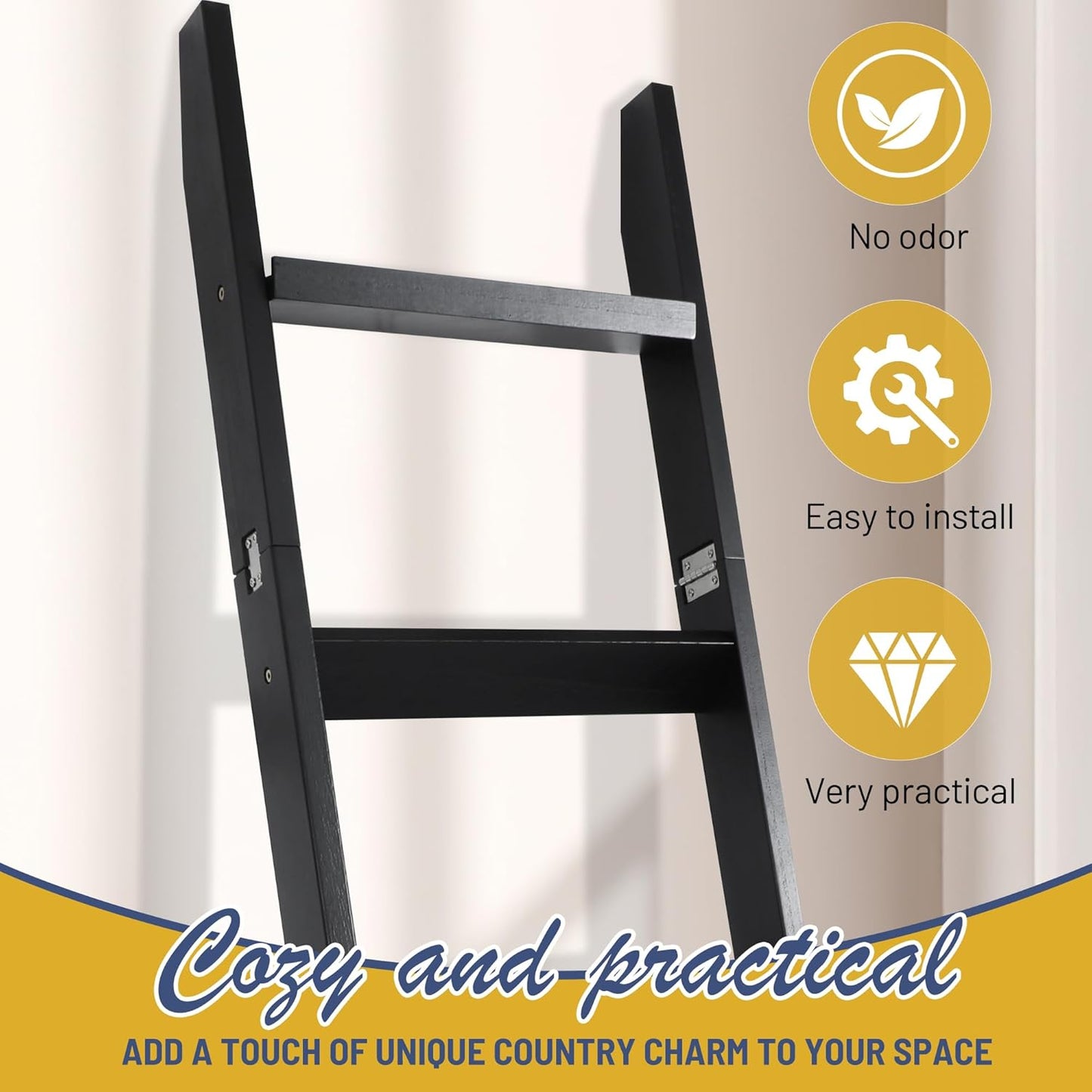 67" Wooden Blanket Ladders for The Living Room,5-Tier Ladder Shelf, Ladder Rack for Storage and Decor (Black)