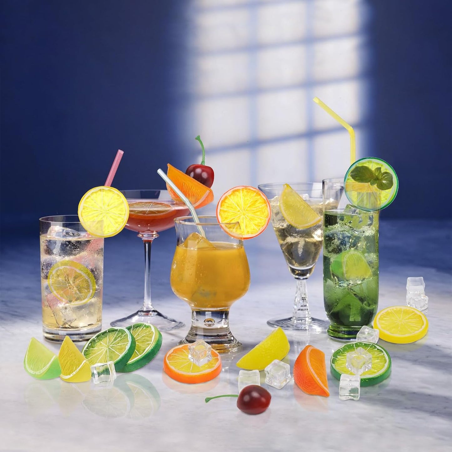 100pcs Artificial Yellow Lemon Slice & Cherry Ice Cube Decorations for Home Party