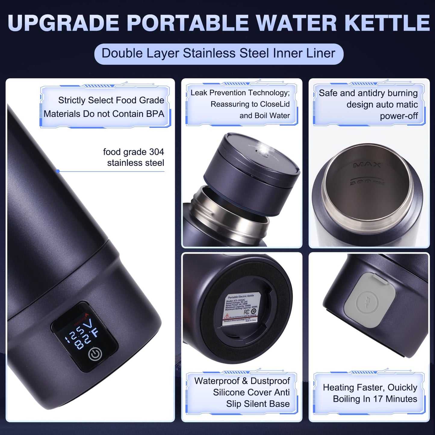 Vacuum Insulated Car Electric Kettle,Miicasa Stainless Steel Tumbler Car Water Heater,12V/24V Water Boiler with 6 Temperature and Auto Shut-Off Boil Dry,16oz