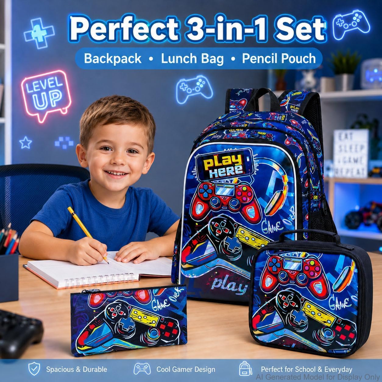 CCJPX 3PCS Gamer Backpack for Boys, 16 Inch Kids Water Resistant Preschool Bookbags, Cool Kindergarten School Backpacks and Lunch Box