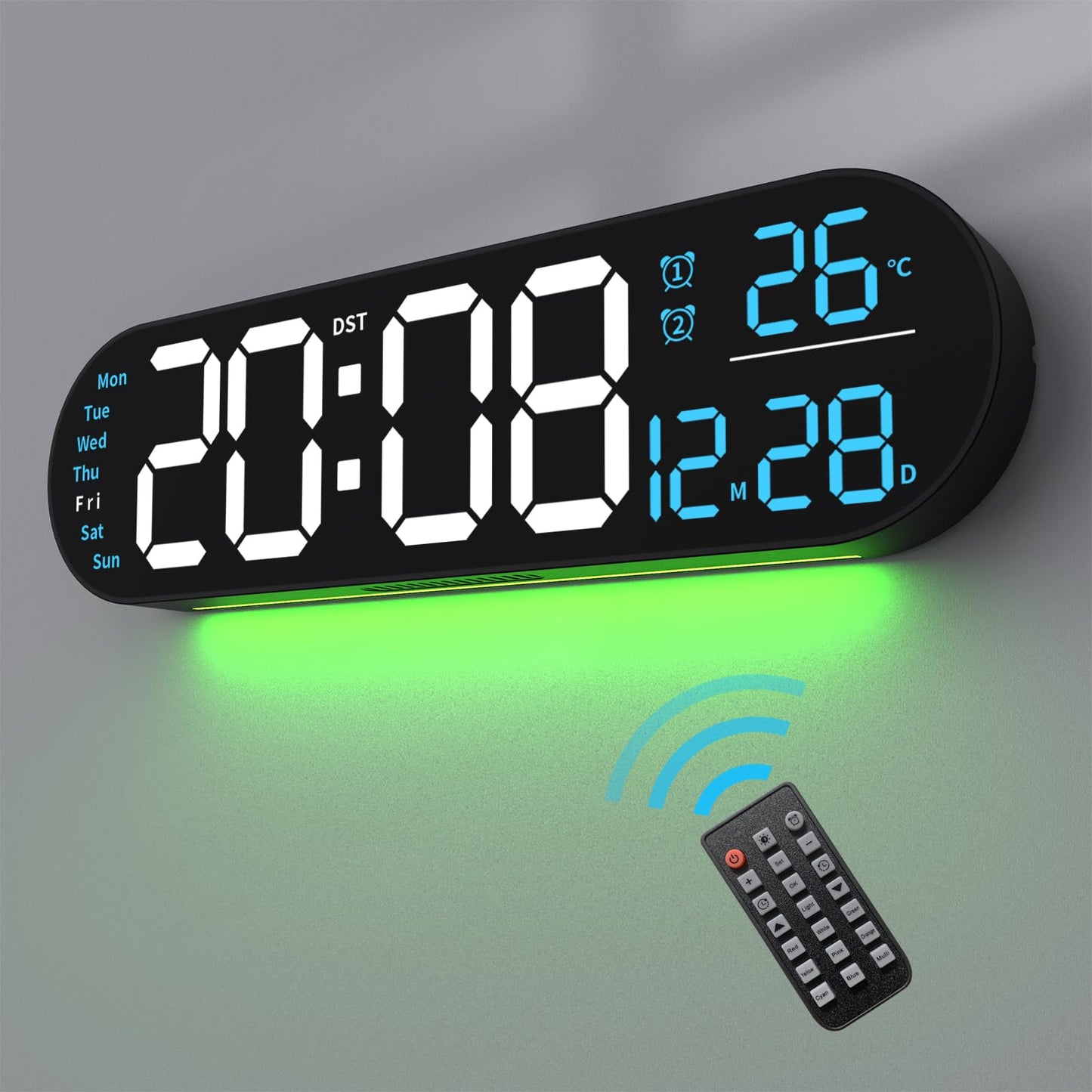 oviouit 14.3" Digital Wall Clock with Remote Control, Large Display, LED Clock for Living Room, Bedroom, Auto-Dimming, 9 Color Night Light, Auto DST, Date, Week, Temperature (Rounded Rectangle-Blue)