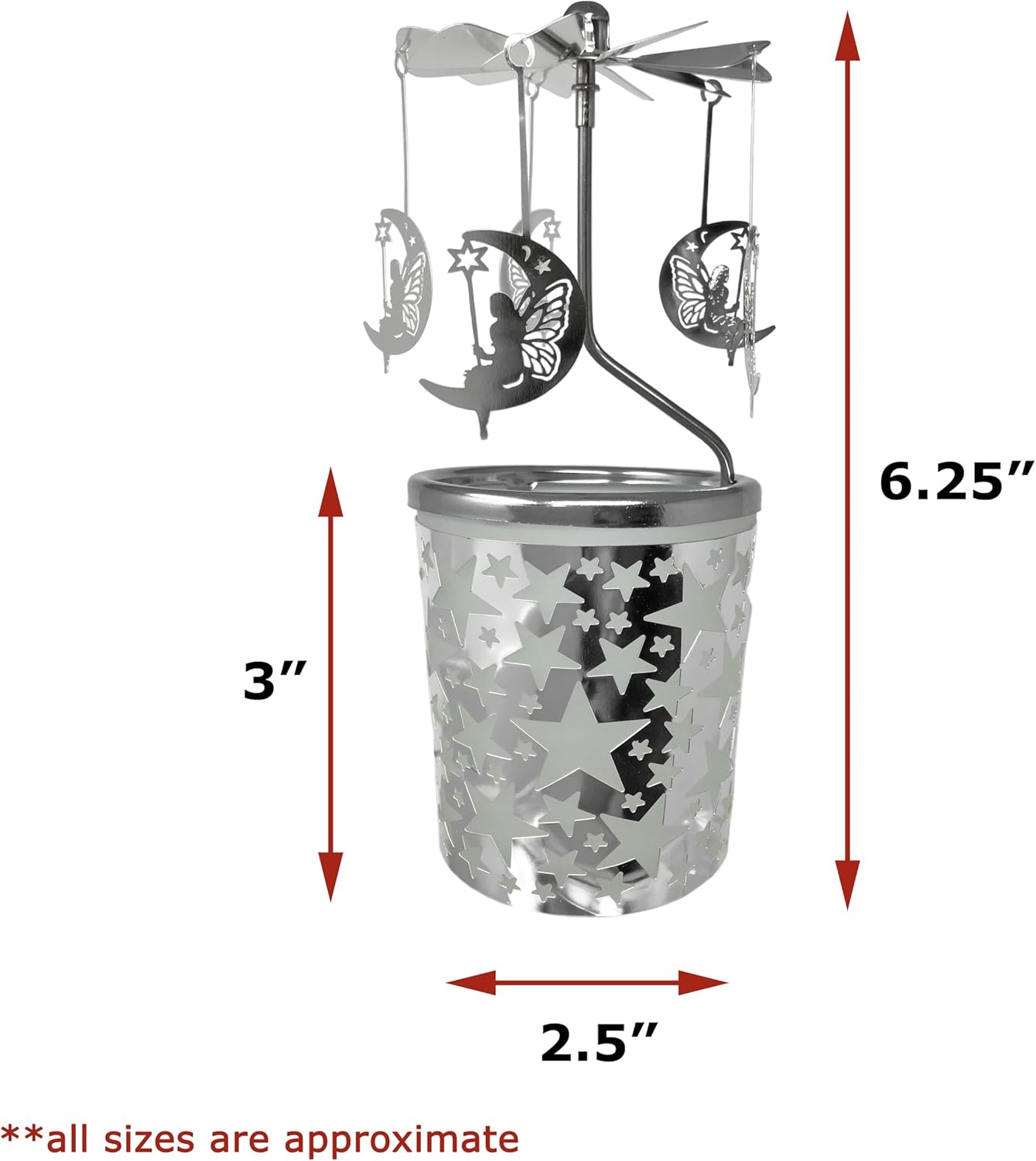 Spinning Moon & Stars Candle Holder - Silver Metal Rotating Tealight Stand - 6.25” Scandinavian Design