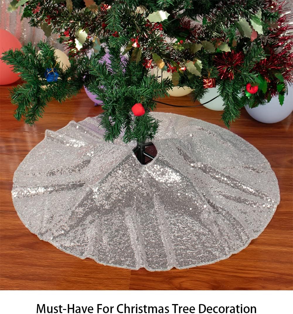 48-Inch Silver Sequin Christmas Tree Skirt - Reusable Holiday Decor for Festive Parties