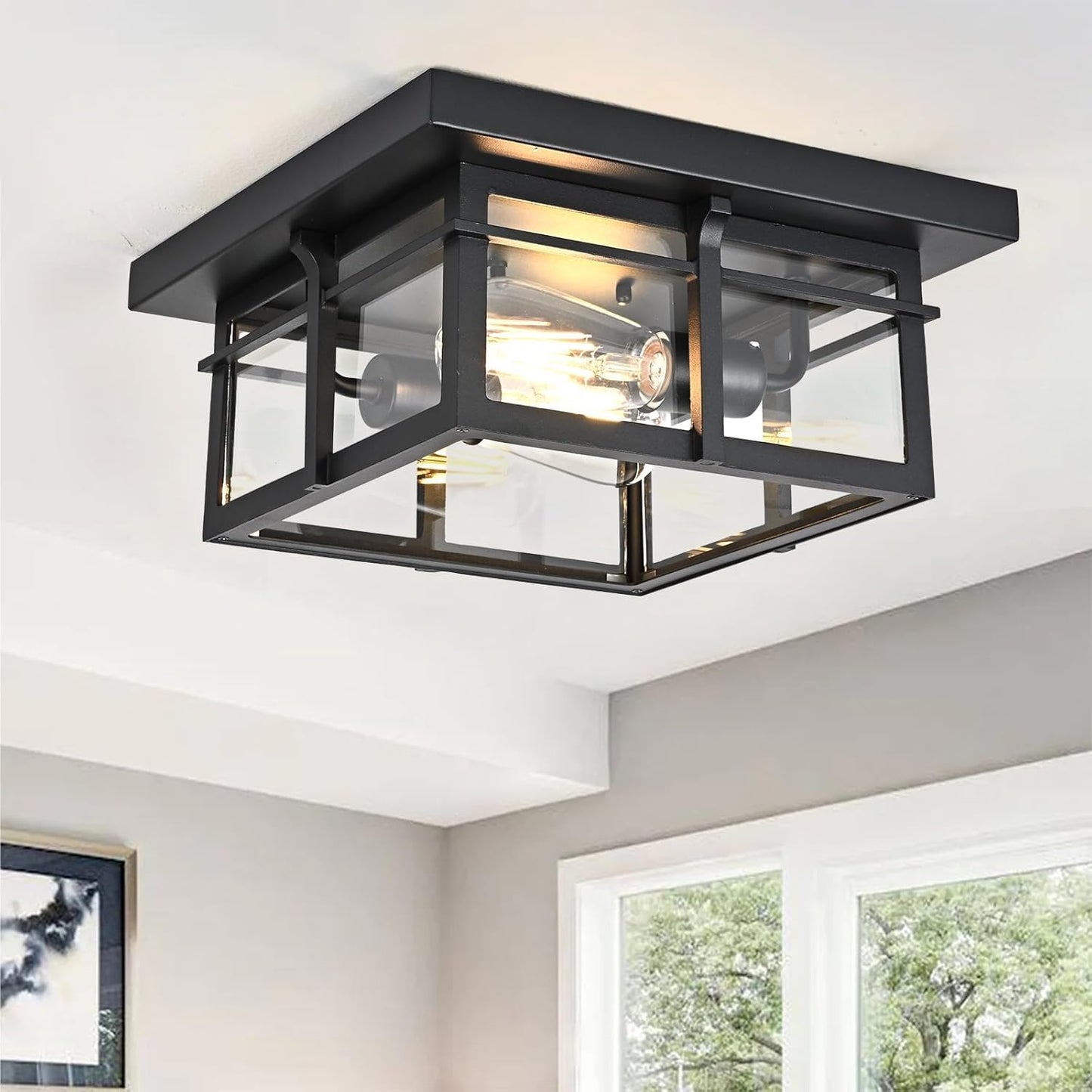 Farmhouse Ceiling Light Fixture Black 2-Light with Clear Glass, Square Flush Mount Ceiling Light for Hallway Kitchen Bedroom Porch