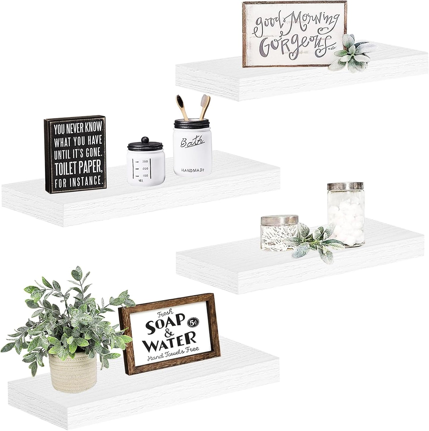 QEEIG Floating Wall Shelves - Stylish 16-Inch Bathroom, Bedroom & Kitchen Storage - Set of 4, White