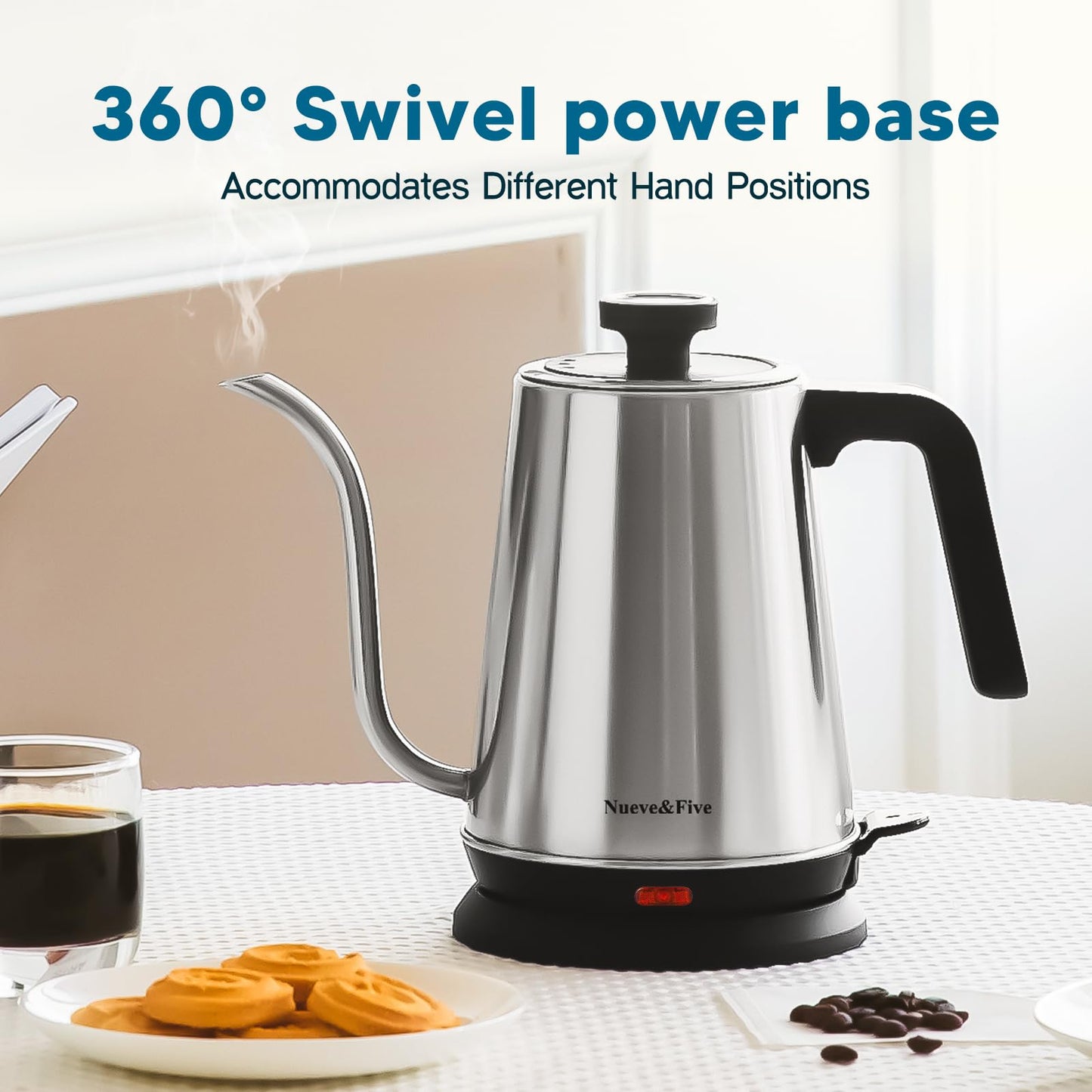 Nueve&Five Gooseneck Electric Kettle with Thermometer,Electric Tea Kettle 1L with Auto Shut-Off,1000W Hot Water Kettle of Stainless Steel,Pour Over Kettle for Coffee & Tea -Chrome