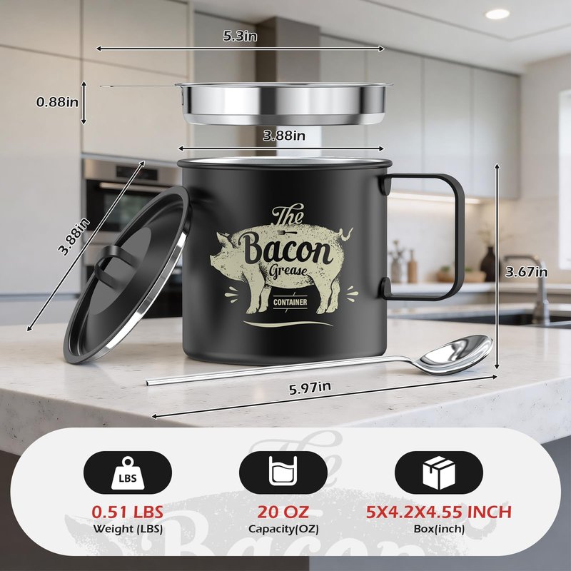 PGYARD Mini Bacon Grease Saver With Strainer - 20 OZ Stainless Steel Oil Container, Farmhouse Bacon Grease Keeper For Kitchen Fat Storage, Dishwasher Safe-Black