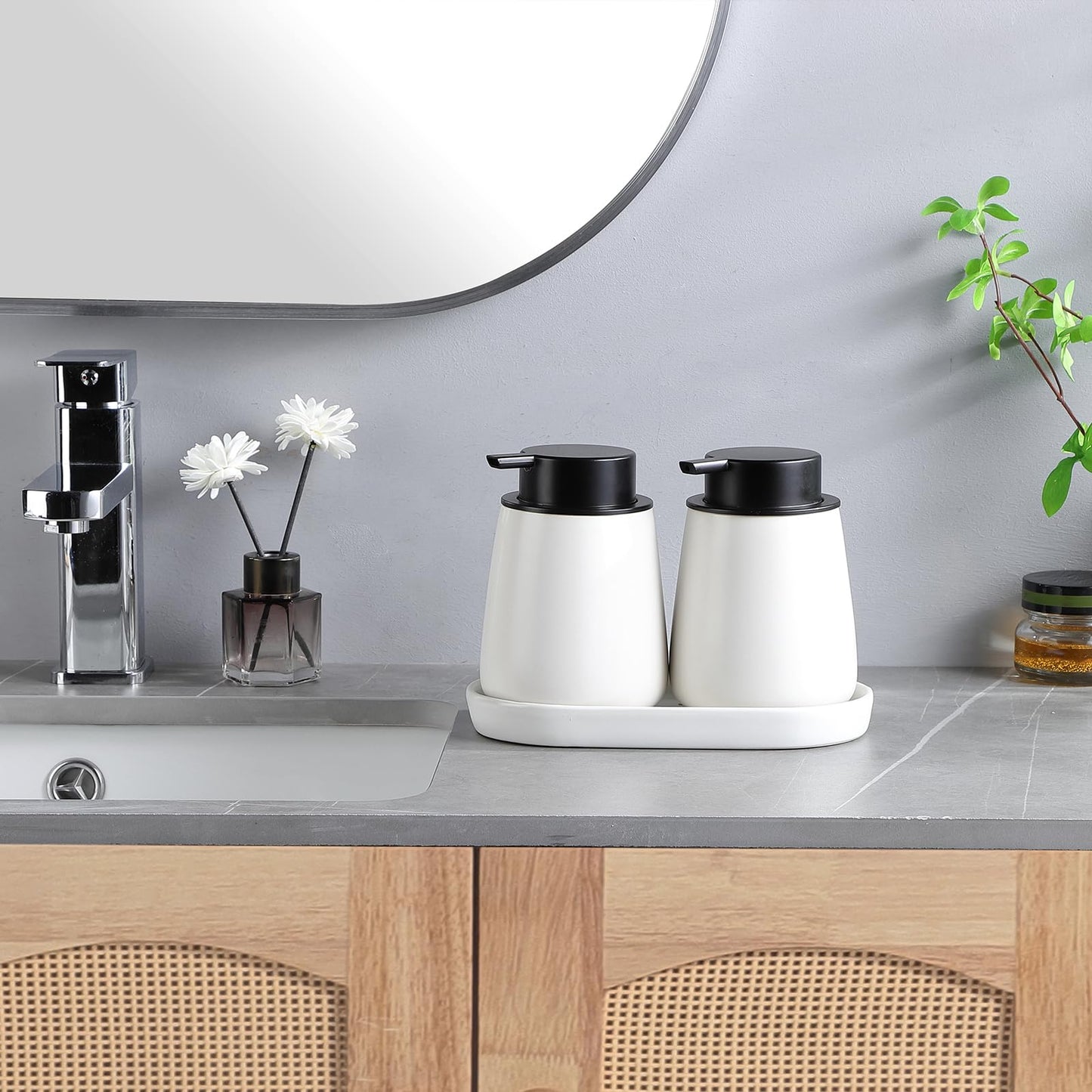 12Oz White Foam Soap Dispenser - Ceramic Foaming Hand Soap Dispenser Set with Easy-to-Press Pump, Refillable Liquid Dish Soap Dispenser for Bathroom and Kitchen, 2 Pack