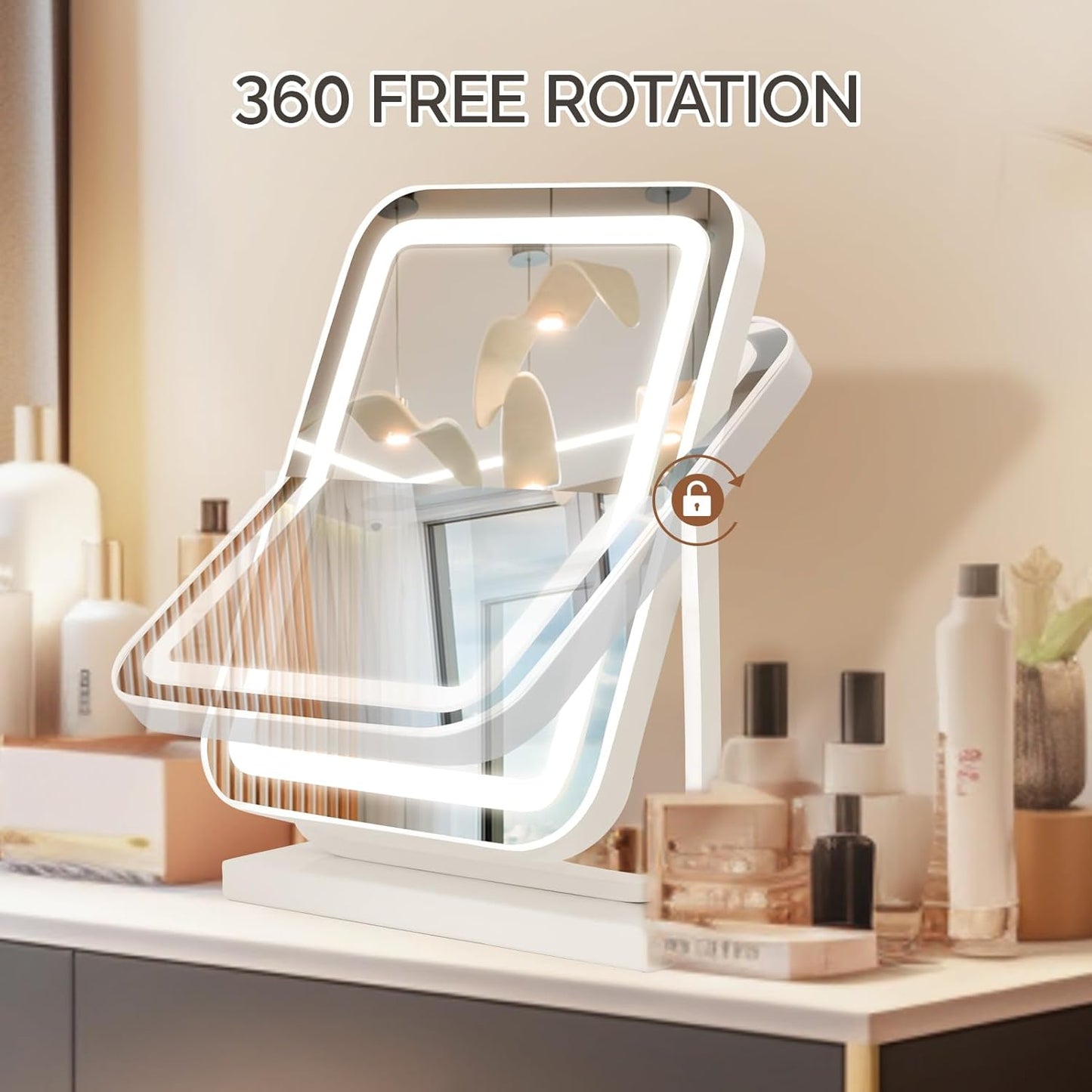 Vanity Mirror with Lights, 12"×15.5" LED Makeup Mirror with Lights, Lighted Makeup Mirror for Bedroom Tabletop, Smart Touch Control, Dimmable 3 Modes Light, 360° Rotation (White)
