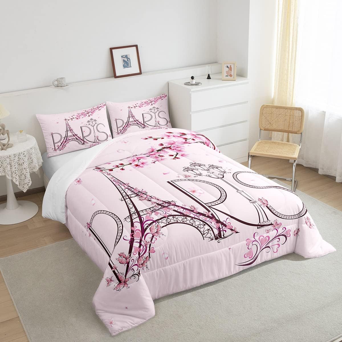 Homewish Dandelion Comforter Set Queen Size,Rustic Natural Bedding Set 3pcs for Kids Teens Girls Boys Room Decor,Butterfly Floral Animal Quilt Set Black and White Duvet Insert with 2 Pillowcases