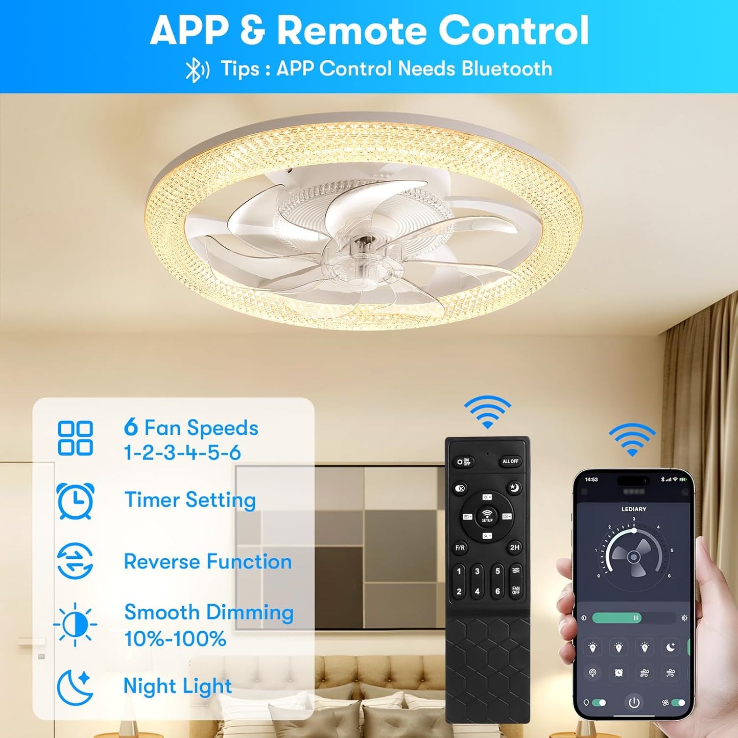 Led Smart Ceiling Fans with Light 19 Inch, Modern Ceiling Fan Lights with Remote Control, Reversible Fan/3 Color Temperature/6 Speed, Dimmable LED Fan Light with Timer for Living Room Bedroom