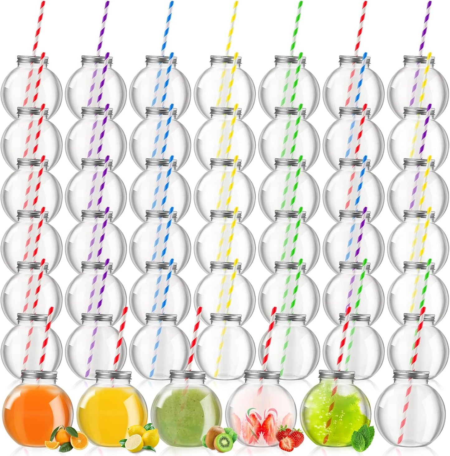 Yaomiao 24 Pcs 10 oz Mini Plastic Fish Bowl Ornament Cups for Drinks Clear Spherical Potion Bottles with Lids and Straws Bulb Cups for Christmas Carnival Candy Party Decorations (Red)