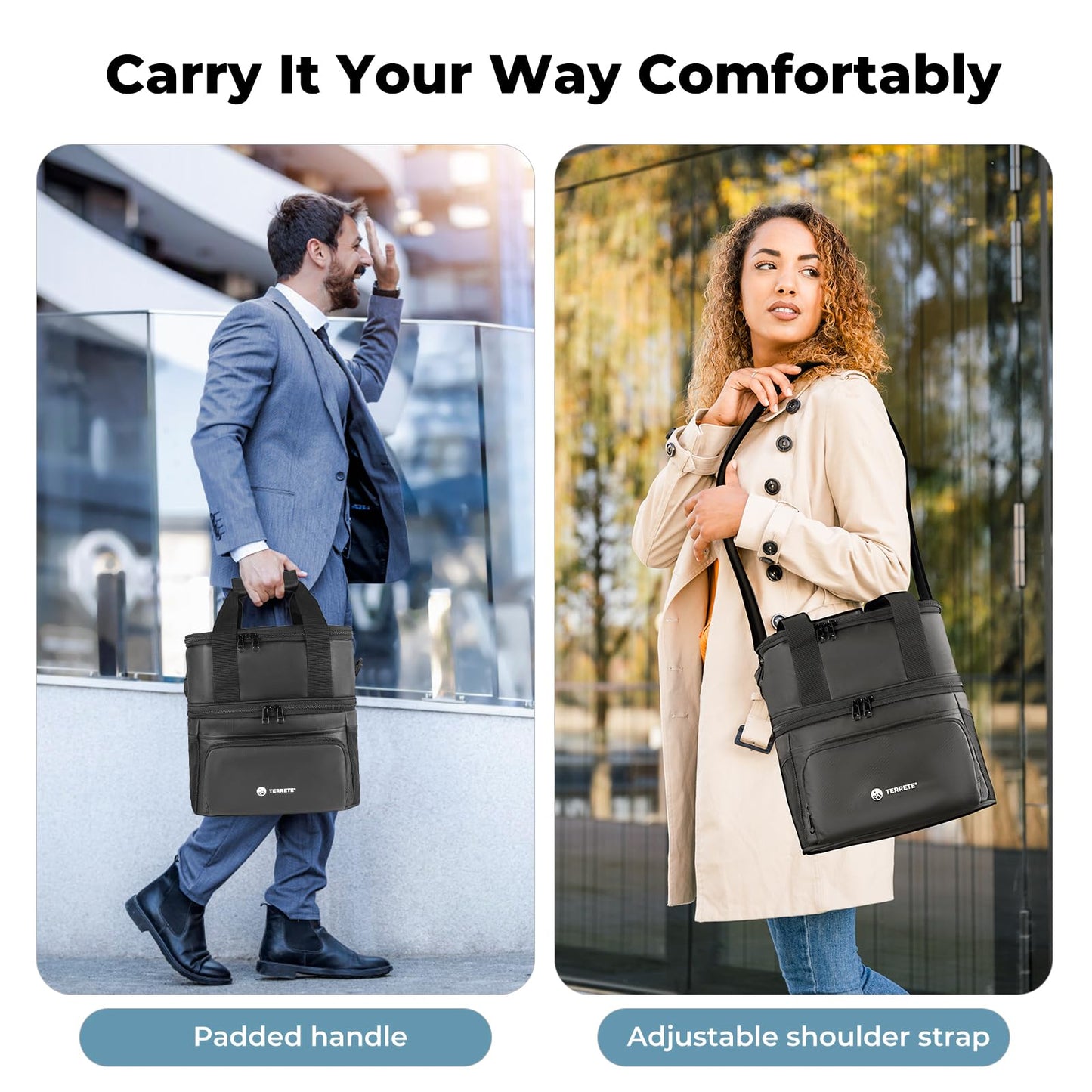Terrete Insulated Lunch Box - Double Deck, Leakproof Cooler Bag for Men & Women, Large Lunch Bag for Work/Travel (15L Black)