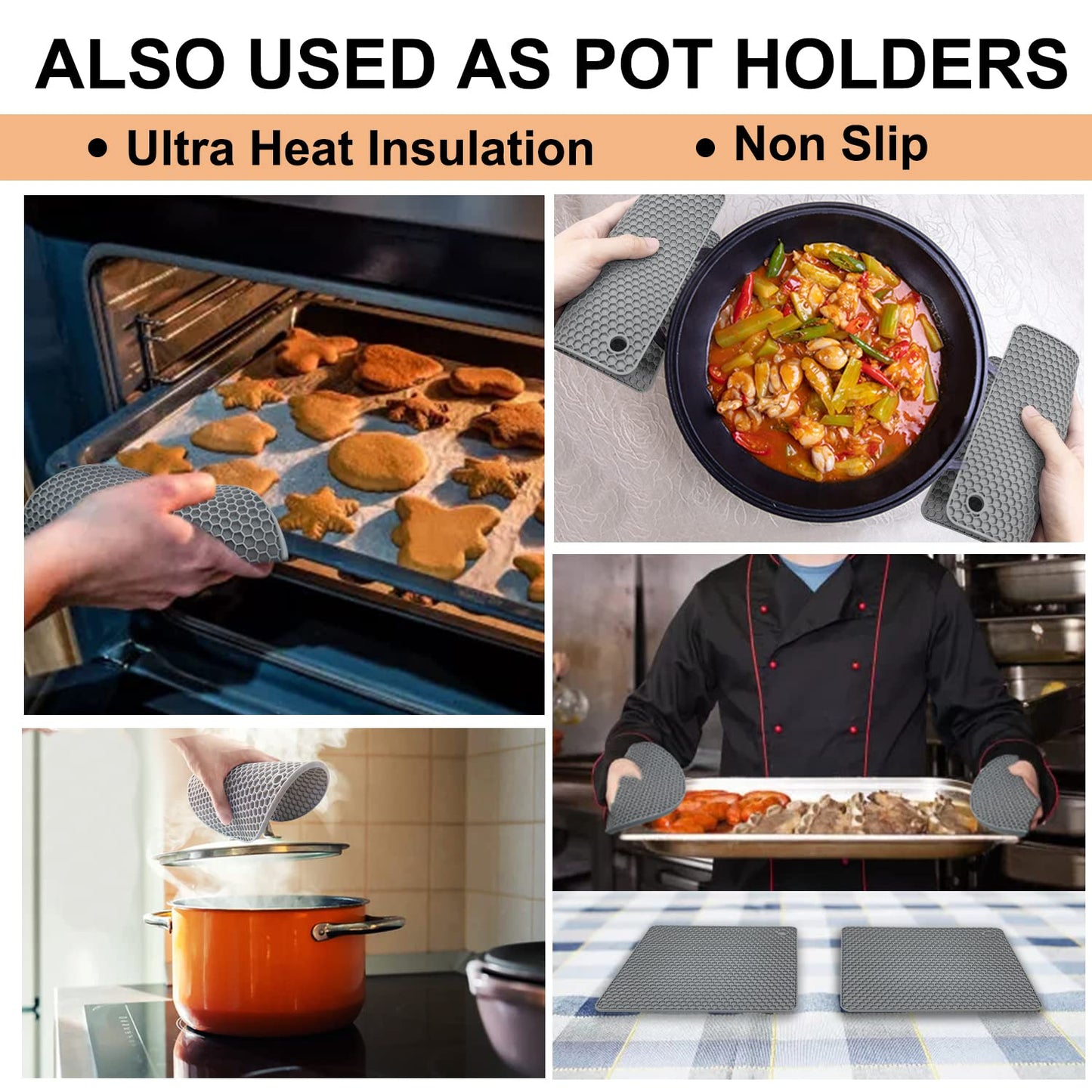 Walfos Silicone Trivet Mats - 4 Heat Resistant Pot Holders, Multipurpose Non-Slip Hot Pads for Kitchen Potholders, Hot Dishers, Jar Opener, Spoon Holder, Food Grade Silicone & BPA Free (Nordic Grey)