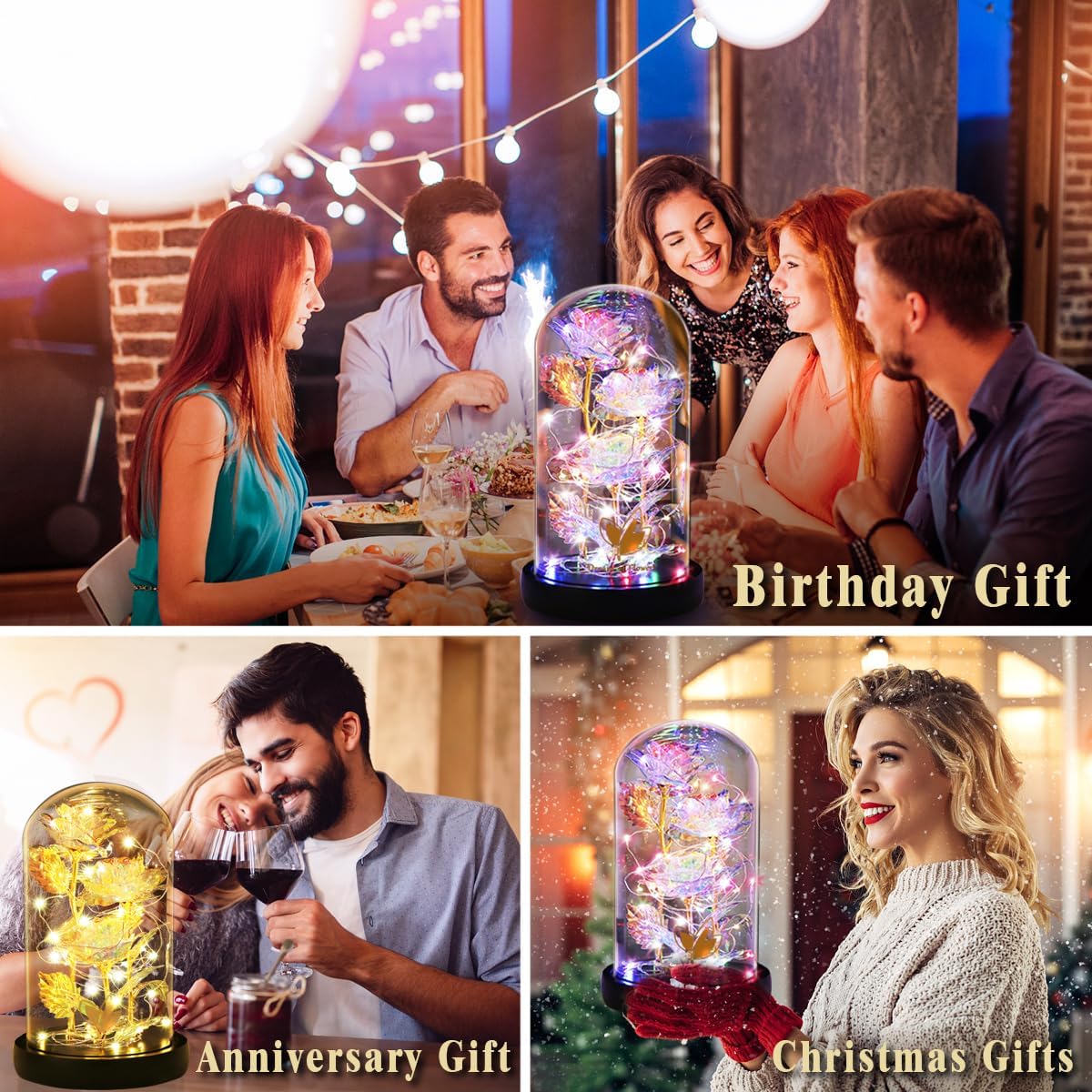 Birthday Gifts for Women,Beauty and the Beast Rose in Glass Dome,Preserved Rose with Warm Lights,Flower for Delivery Prime,Forever Flower Gifts for Women Mom Wife Girlfriend, Anniversary Birthday Gift