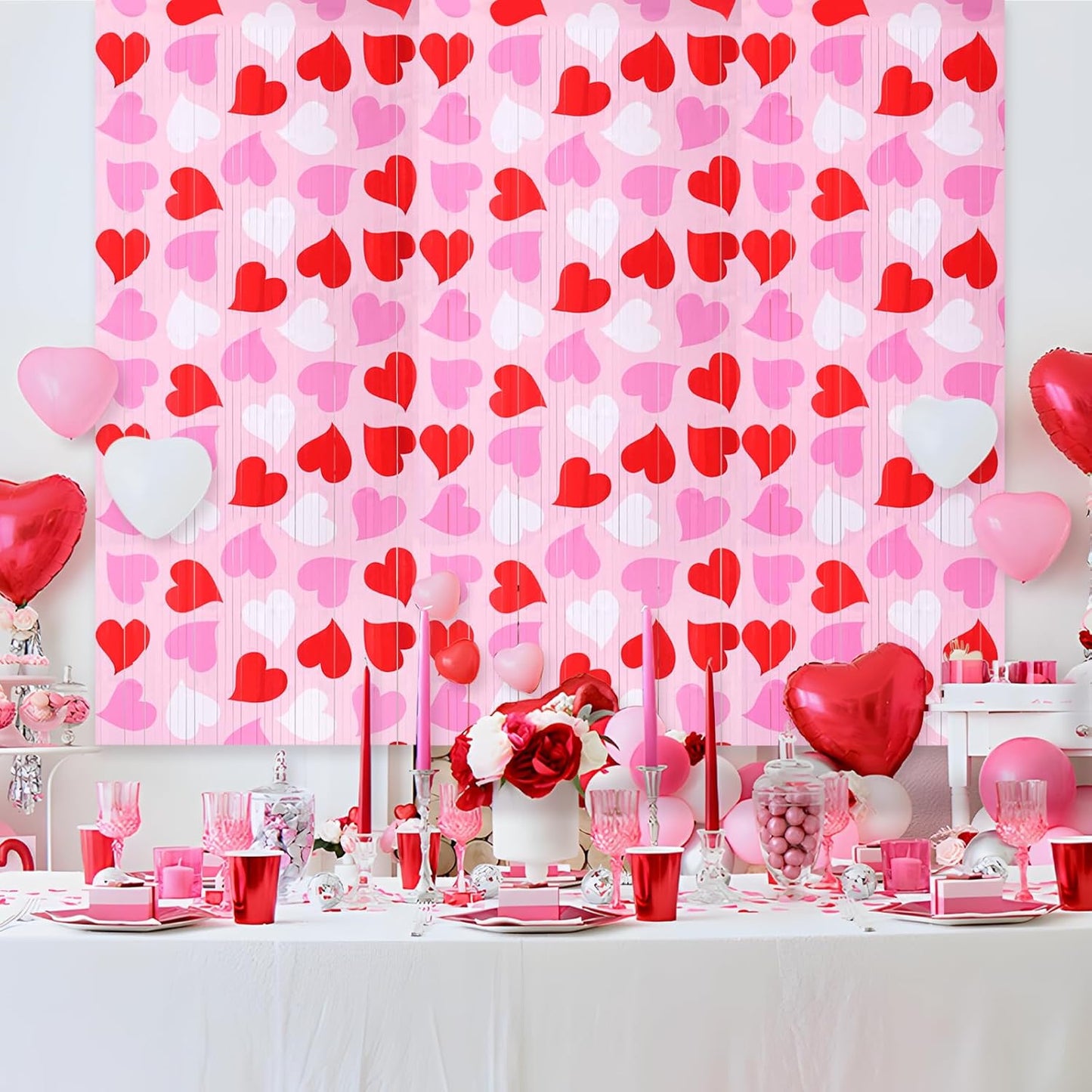 Mega-L Birthday Party Decorations - 2 Pack Red Pink White Heart Foil Fringe Curtains | 3.3X6.6 ft Tinsel Backdrop