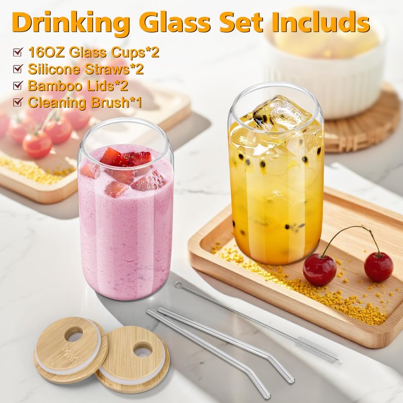 sungwoo 2PCS Glass Cups with Bamboo Lids and Straws, 16OZ Ice Coffee Cup, Drinking Cup set with Wooden Lids, Home Essential Glass Tumblers for Beer, Cocktail, Tea and Latte Clear
