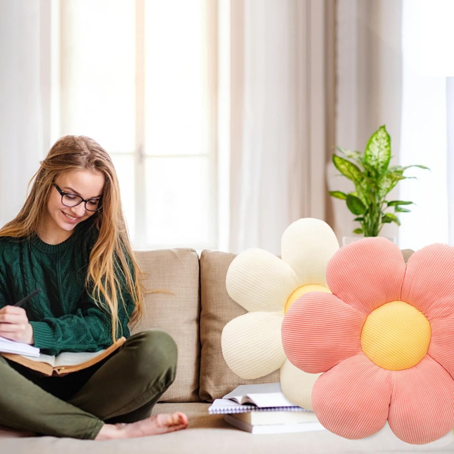 CANGHI Flower Pillow Set 3 Pcs Flower Shaped Throw Pillow 15.7'' Cute Daisy Flower Pillow Flower Seating Cushions for Adults Kids Home Bedroom Sofa Chair Couch Decor (White/Pink/Blue, 15.74 in)