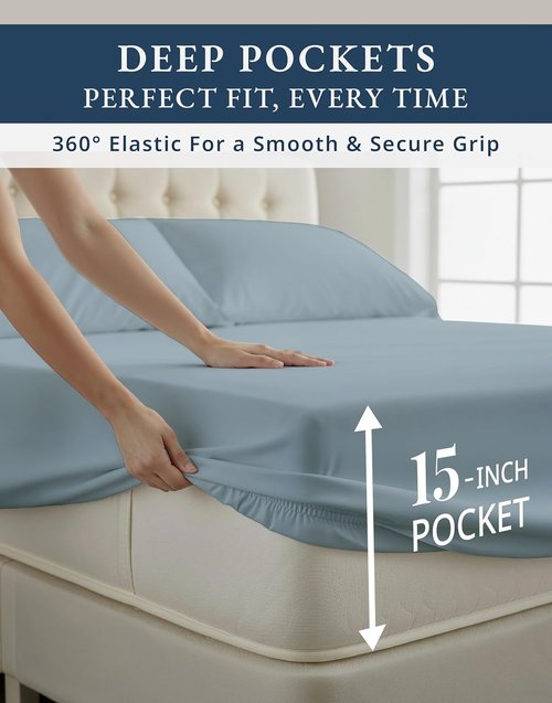 100% Egyptian Cotton Queen Size Sheet Set - Ultra-Soft Hotel Luxury | Naturally Breathable & Durable, 15" Deep Pocket - French Blue