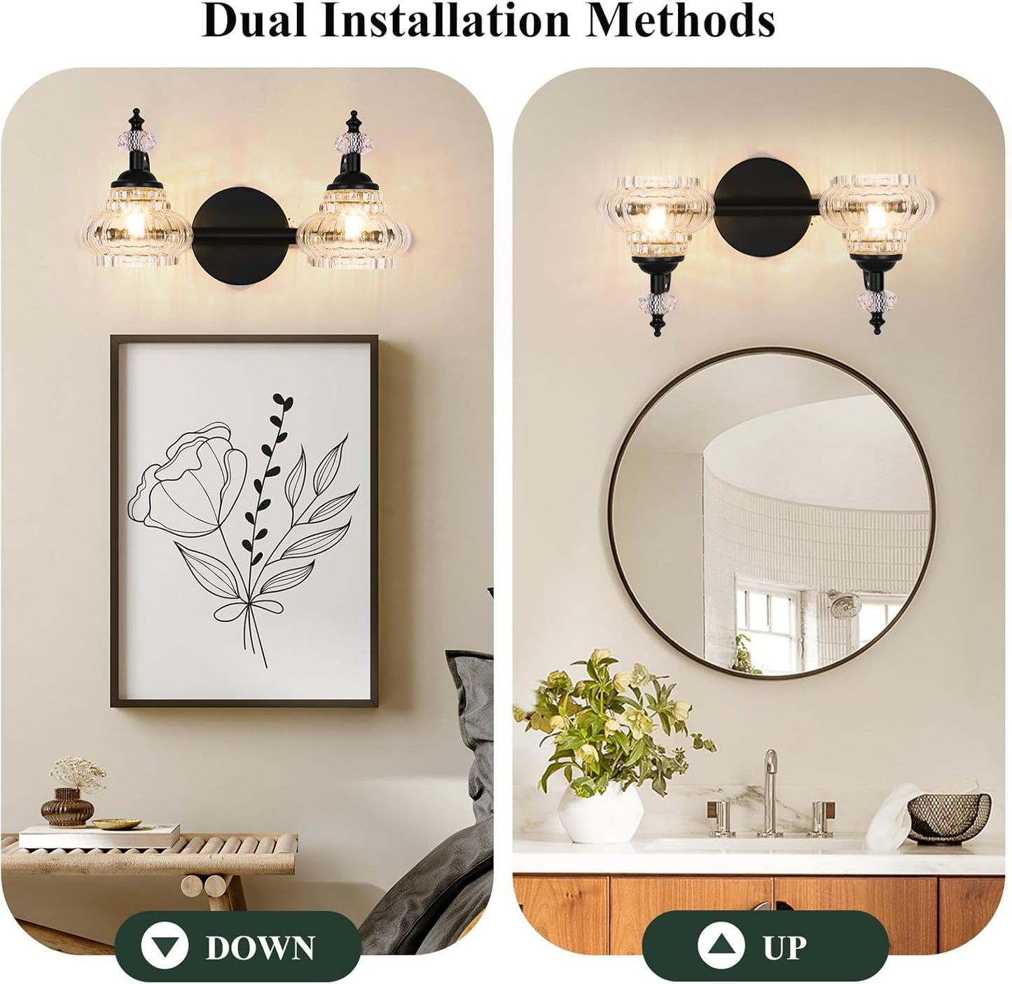 Bathroom Vanity Light Fixtures Over Mirror, Matte Black Vintage Glass Crystal Bathroom Vanity Lighting Fixtures, 2 Lights Wall Sconce for Bathroom Bedroom Kitchen Living Room Dressing Room