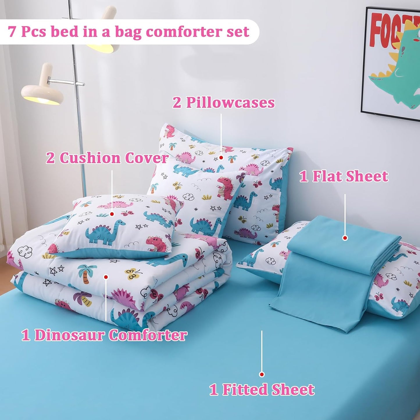Dinosaur Bedding Full Size Sheets and Comforter Set, Boys Full Size Bedding Set Teen boy Comforter Set 7 Pieces Toddler Bed Sheets and Comforter Set for Boys All Season