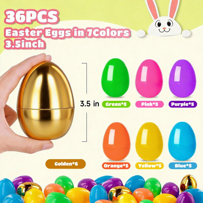 MGparty 36 Pcs 3.5" Large Fillable Easter Eggs with 6 Golden Eggs, Plastic Easter Eggs Empty Bulk for Egg Hunt, Easter Basket Stuffers, Party Favors and Decorations