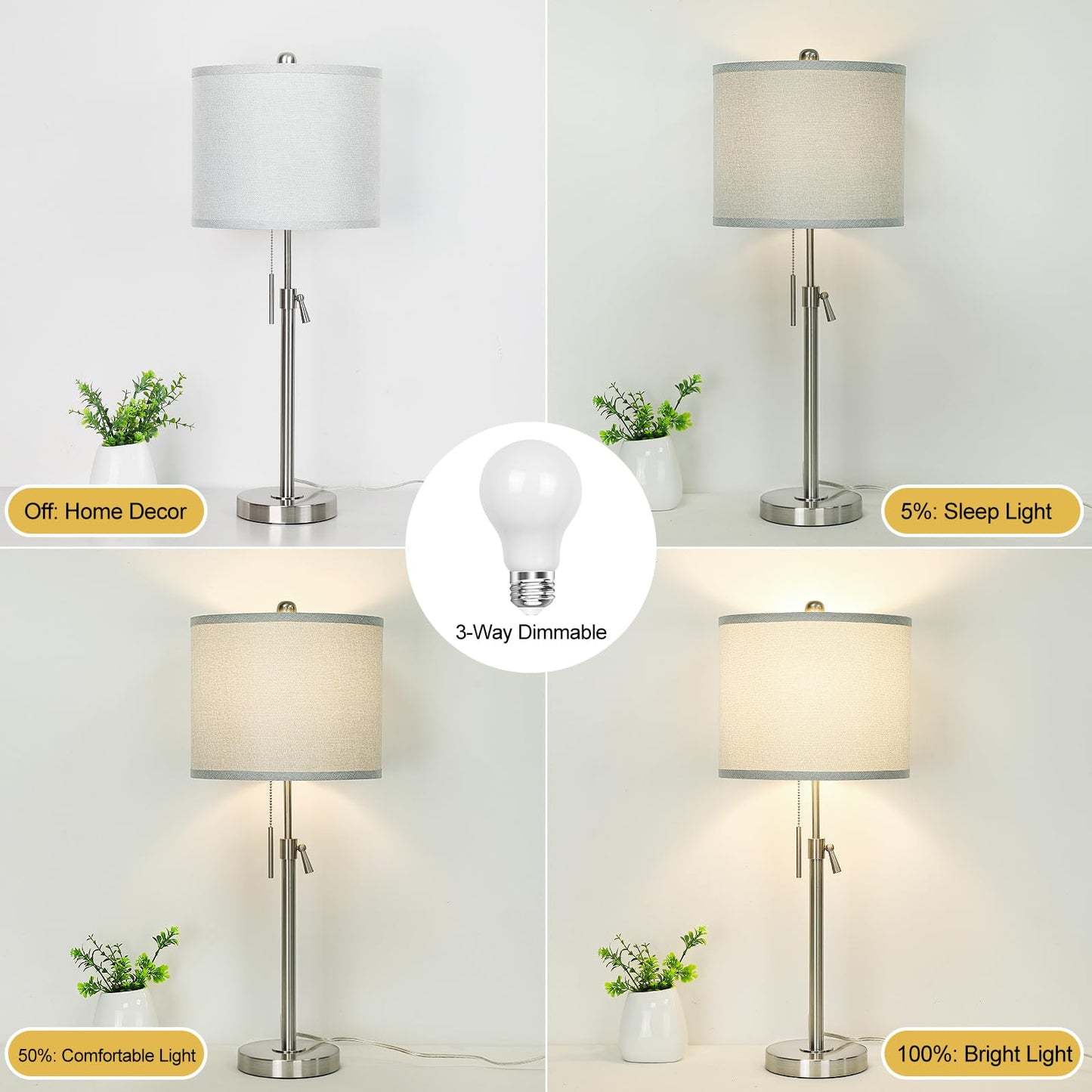 Brushed Nickel Table Lamps Set of 2: 22" to 30" Height Adjustable Nightstand Lamps with Grey Linen Shade Pull Chain Switch Silver Pole Beside Lamp for Living Room Bedroom (Brushed Nickel,Grey Shade)